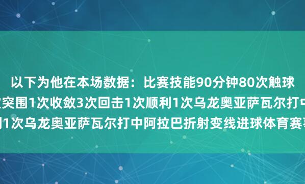 以下为他在本场数据：比赛技能90分钟80次触球传球顺利率93.3%1次突围1次收敛3次回击1次顺利1次乌龙奥亚萨瓦尔打中阿拉巴折射变线进球体育赛事直播