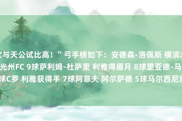 欲与天公试比高！”弓手榜如下：安德森-洛佩斯 横滨水手 9球亚西尔-阿萨尼 光州FC 9球萨利姆-杜萨里 利雅得眉月 8球里亚德-马赫雷斯 吉达国民 8球C罗 利雅获得手 7球阿菲夫 阿尔萨德 5球马尔西尼奥 川崎前卫 4球比索利 武里南联 4球    体育最新信息