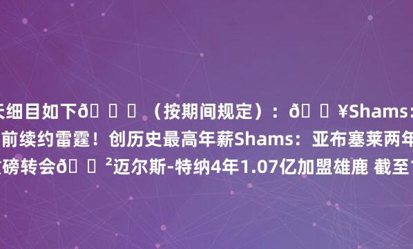 当天细目如下👇（按期间规定）：💥Shams：亚历山大4年2.85亿提前续约雷霆！创历史最高年薪Shams：亚布塞莱两年1200万加盟尼克斯重磅转会😲迈尔斯-特纳4年1.07亿加盟雄鹿 截至10年步碾儿者生存💣炸裂！！Shams：雄鹿用延长要求裁掉利拉德以签下特纳🤯🧨约憨厚替补来了！Shams：国王将瓦兰交往至掘金单换萨里奇！💪Shams：加里-哈里斯两年合约加盟雄鹿！雄鹿忙坏了🤯Shams：雄鹿将康诺顿+2个次轮送至黄蜂推敲米西奇💰拿大钱啦！Shams：施罗德3年4500万加友邦王！还在操作！Shams：雄鹿两年契约留下中锋希姆斯 第二年球员选项🫡格鲁吉亚中锋！Shams：马穆凯拉什维利2年550万加盟猛龙Haynes：雄鹿将撤除给罗林斯的天讲述价 后者成十足摆脱球员📝Shams：珀尔特尔4年1.04亿提前续约猛龙！💪冲冠！Shams：小哈达威一年合约加盟掘金！Shams：快船将裁掉尤班克斯 后者泄露期后将签国王湖东说念主目的再-1！😭Stein：小南斯将签骑士！签换丰泰基奥！🏹Shams：邓肯-罗宾逊3年4800万签换加盟活塞！Shams：后卫特雷-曼恩3年2400万好意思元续约黄蜂！磋议阅读：👀摆脱阛阓Day1：DFS&卡皇去火箭 小波特换黄忠 拉拉维亚去湖东说念主			2025年休赛期坏话+官宣汇总    体育录像/图片